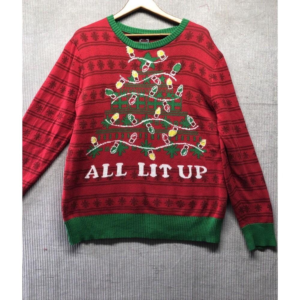 Well Worn Holiday Sweater XL Red All Lit Up Ugly Christmas Novelty Light As Is